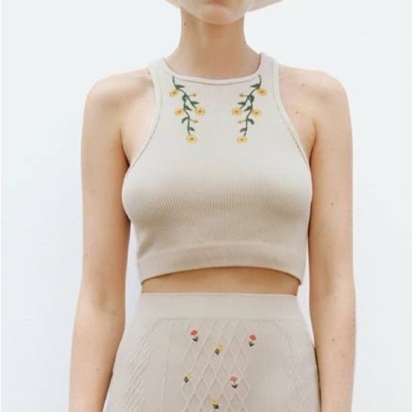 Zara Floral Embroidery Ribbed Top - Picture 2 of 6